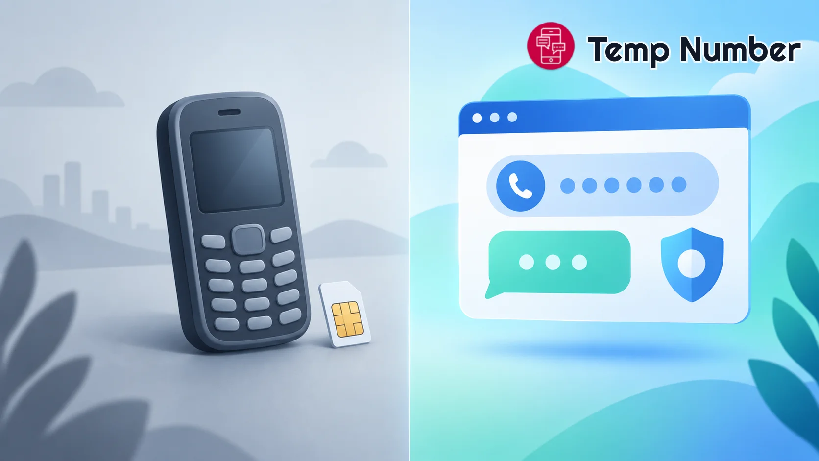 A physical prepaid burner phone with a SIM card next to a browser window showing a free burner phone number
