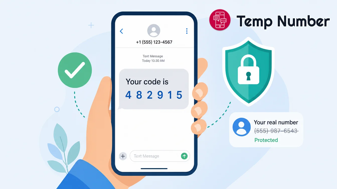 A smartphone showing an SMS verification code while the user's real phone number stays protected